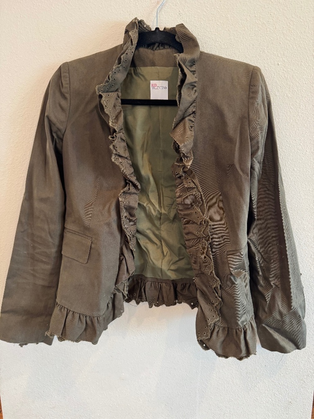 Red Valentino Olive Green Ruffle Trim Cotton Blend Blazer